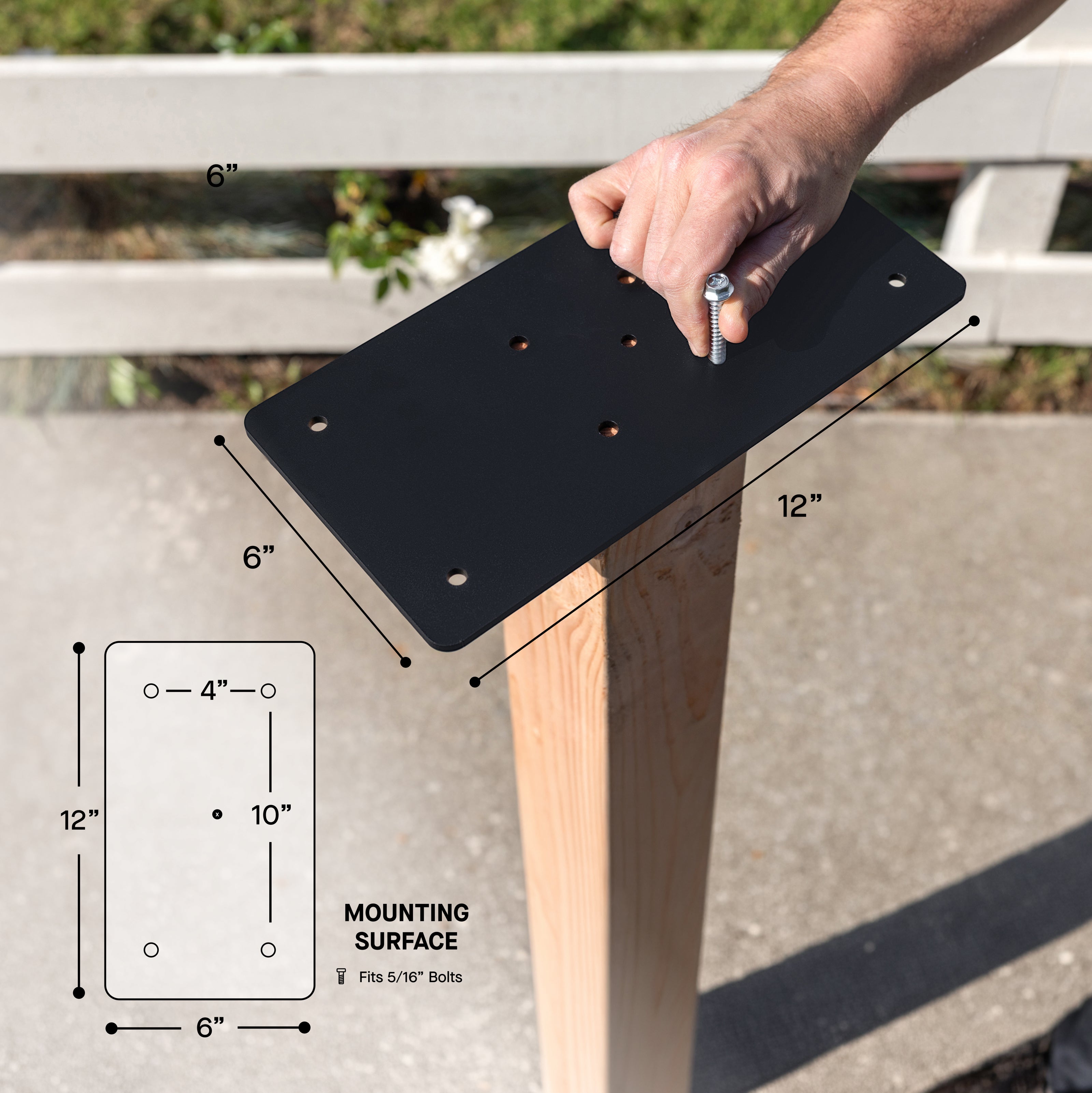 Surface Mounting Plate detail, mounted on top of a 4 by 4 post