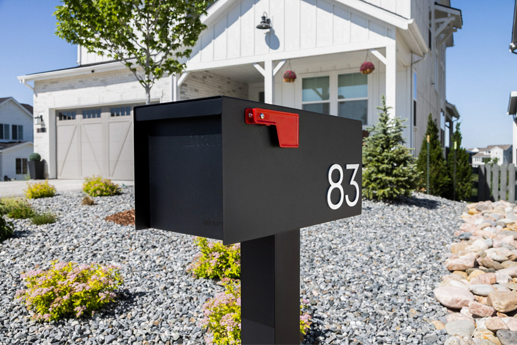 Black post mount mailbox at the curb in full summer sun
