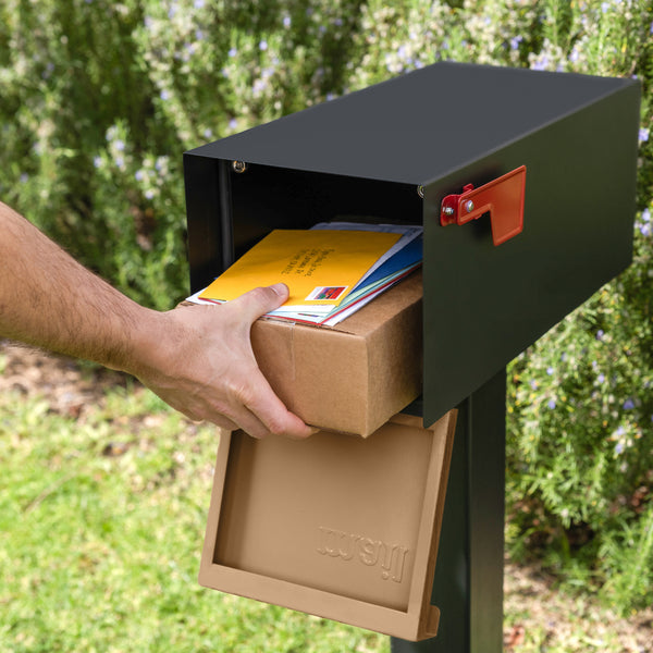 Adoorn Walnut Post Mount Mailbox at the curb of a home, the configuration House Beautiful highlighted