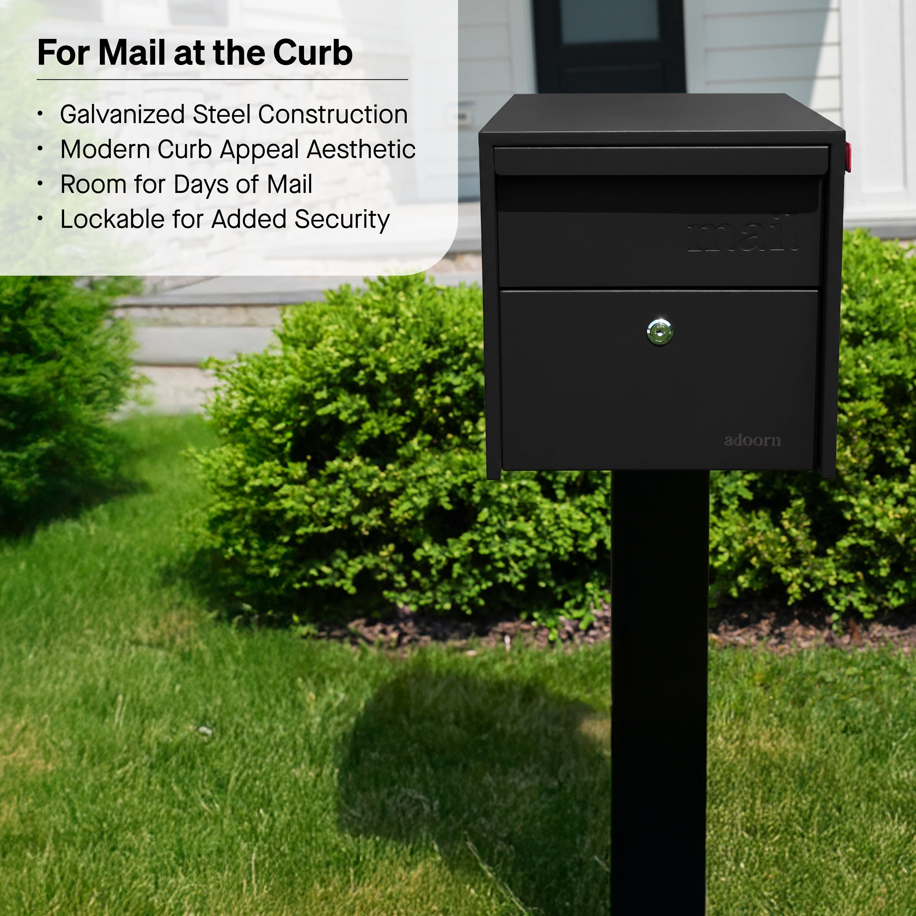 Adoorn Locking Post Mount Mailbox installed at curb, lifestyle view