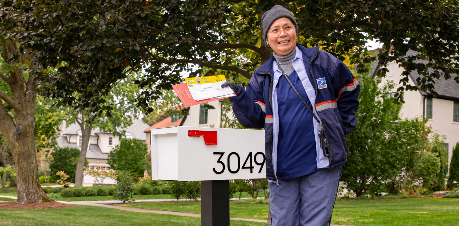 Postal carrier beside a white Adoorn mailbox