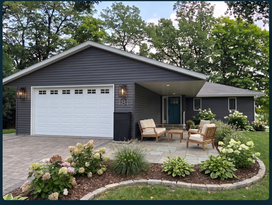 After: the home with gray siding, warm garage lanterns, silver address numbers, a package box, wood seating, paved terrace and lush planted borders.