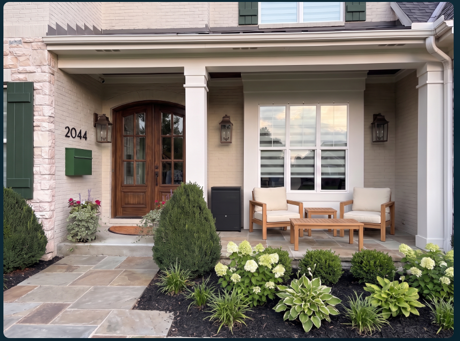 After: a refined wood front door, sage mailbox, lanterns, wood seating, stone path and refreshed landscaping.