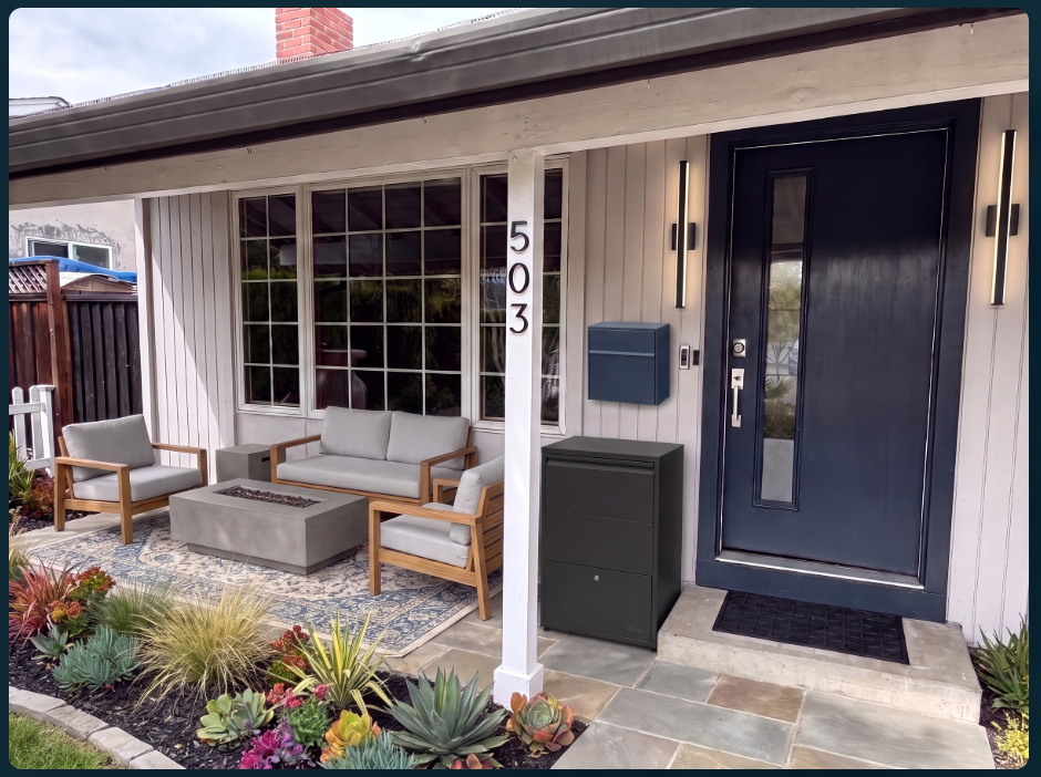 After: the porch with wood-framed seating, a rectangular fire table, tall entry lights, navy mailbox, address numbers, package box and succulent garden beds.