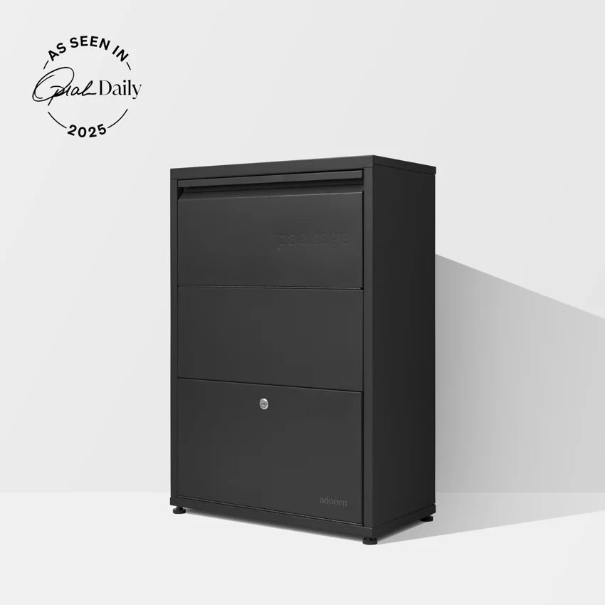 Small black Package Delivery Box, official Adoorn product photo.